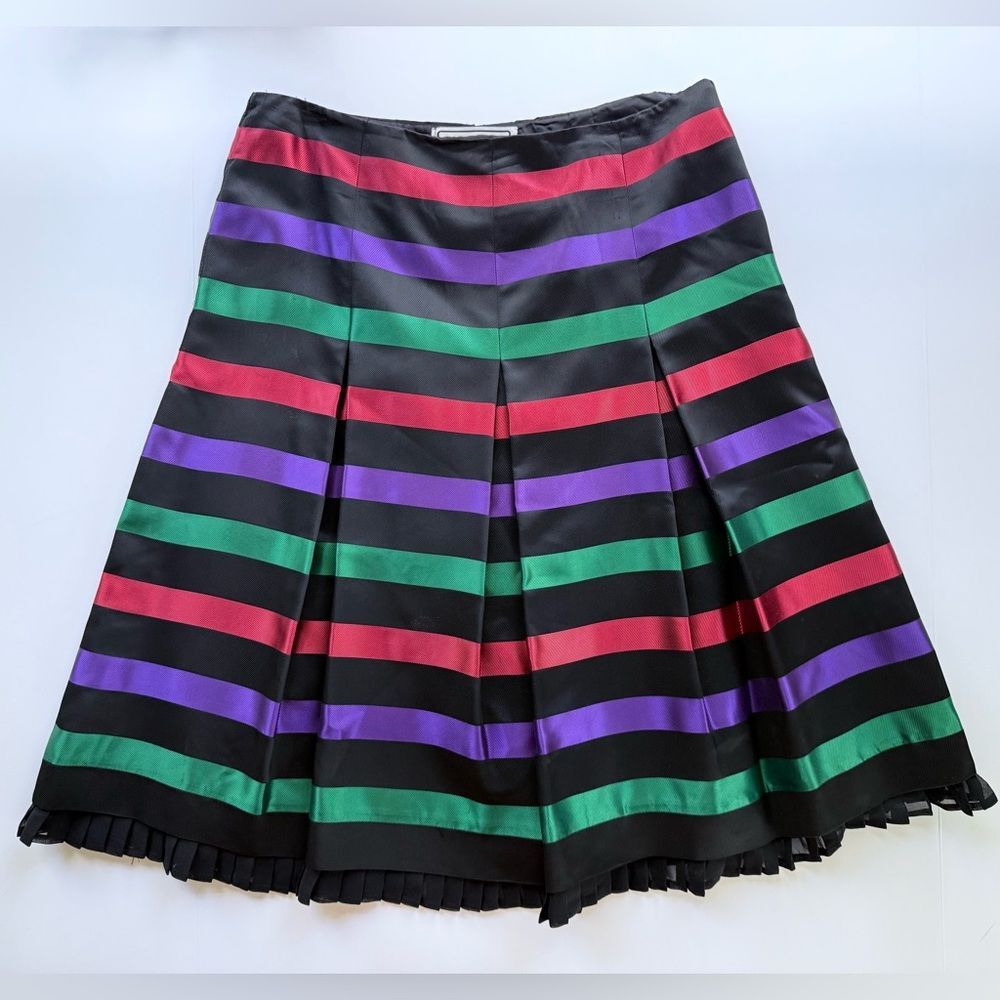 Vintage Carlisle Silk Twill Black Multicolor Striped Box Pleated Skirt Size 6